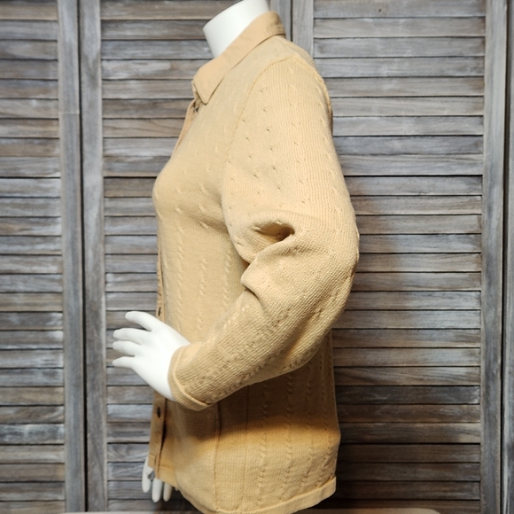 Blue Willi's of Denmark Snap Up Knit Cardigan Denim Collar Creamy Tan Small - Picture 9 of 11